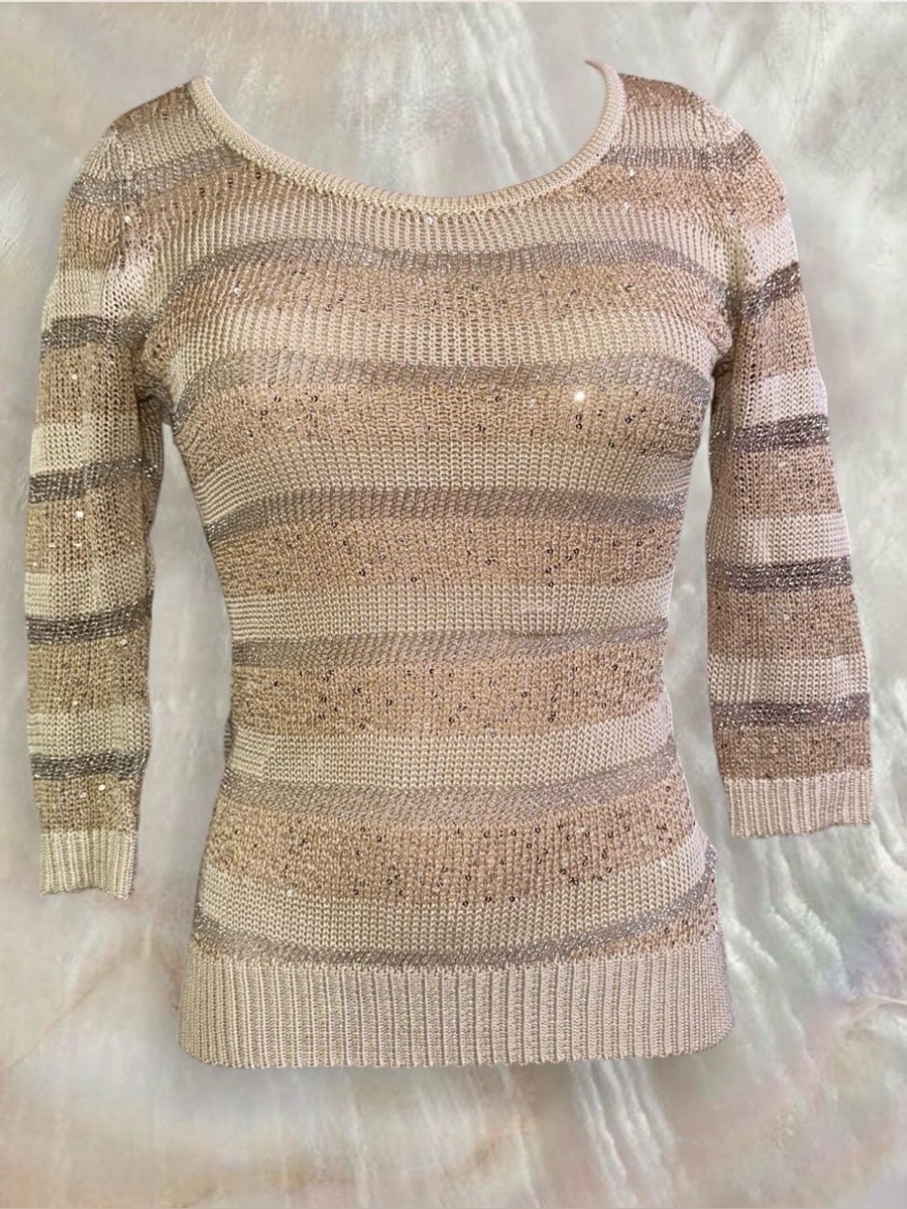 bebe y2k Sequin Striped Metallic Knit Sweater Tunic - Beige & Taupe